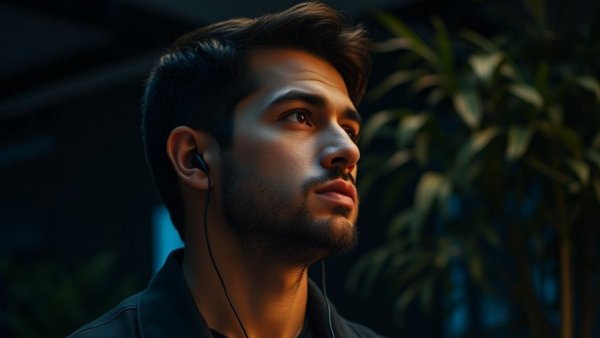 Man with earbuds discussing sales performance issues in a focused setting.