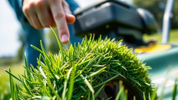 Lawn mower maintenance mistake with overgrown grass on blade.