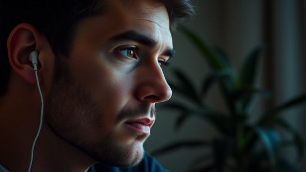 Thoughtful man contemplating business strategy, earbuds in.
