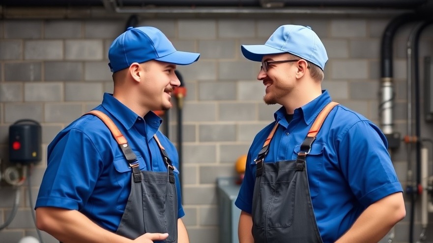 Two plumbers discussing strategies in sales training plumbing and online learning.