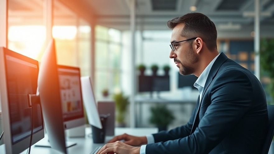 Businessman focused on a computer screen, analyzing data for success.