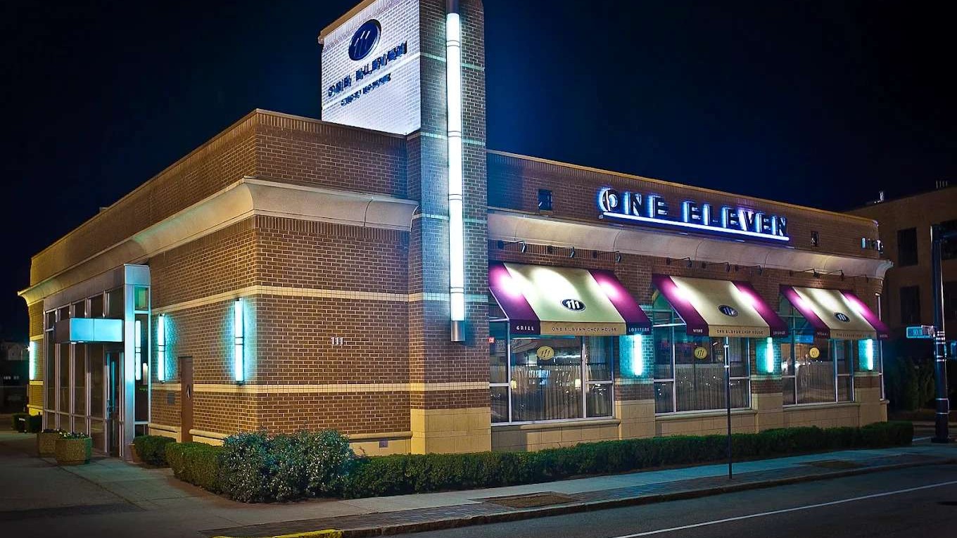 Steakhouse Worcester Massachusetts modern exterior neon ONE ELEVEN night