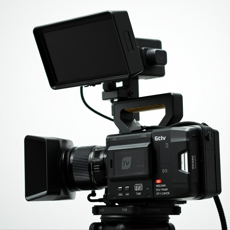 Professional TV camera set up for broadcast filming.