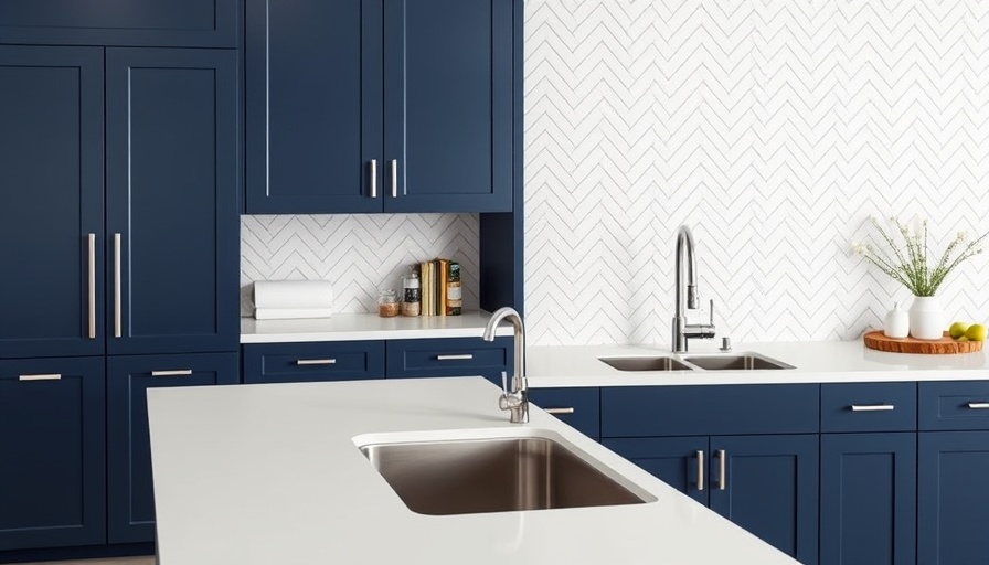 Modern navy blue kitchen cabinets with white countertop and sink in a remodeled kitchen.