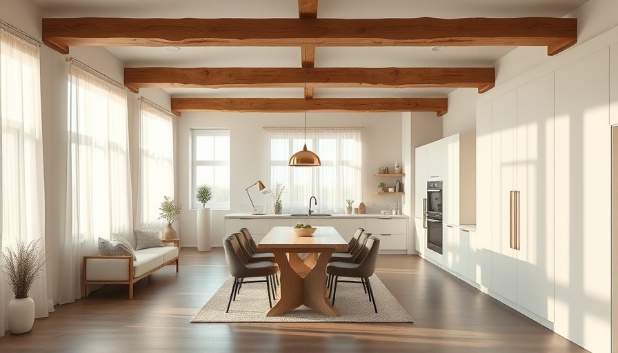 Warm minimalist kitchen with rustic beams and modern design.