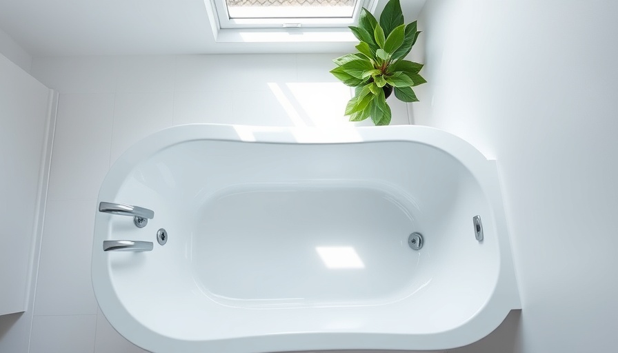 Bright modern bathroom with white bathtub, no water, and plant.