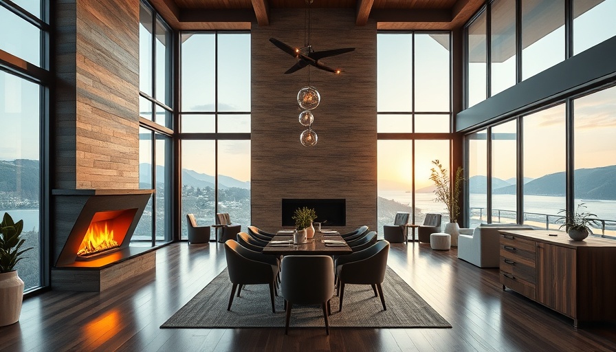 Cozy Modern Dining Room Design with large windows and fireplace