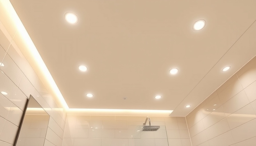 Modern bathroom ceiling design with recessed lights illuminating tiles.