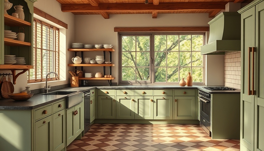 Elegant kitchen remodeling with rustic green cabinets and large window view