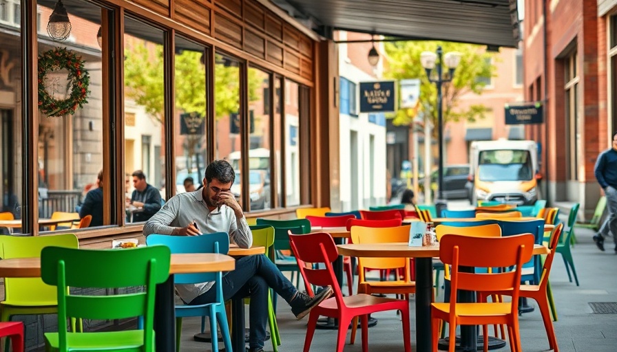 Urban dining scene with colorful chairs and large windows.
