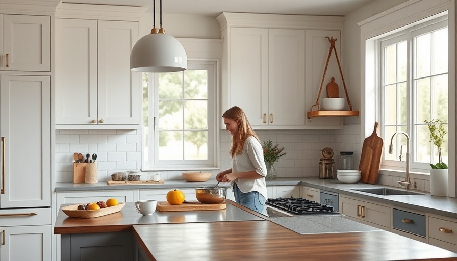 Contemporary farmhouse kitchen design with woman cooking.