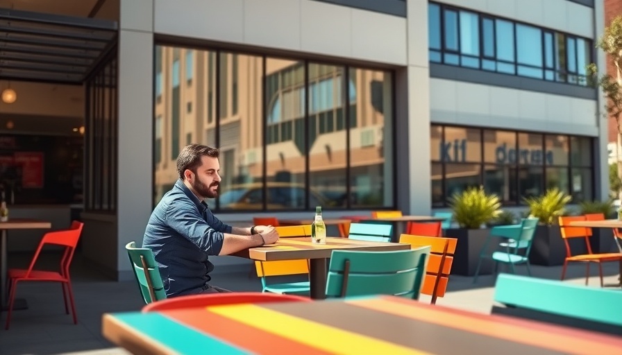 Outdoor dining setup with colorful chairs and large windows.