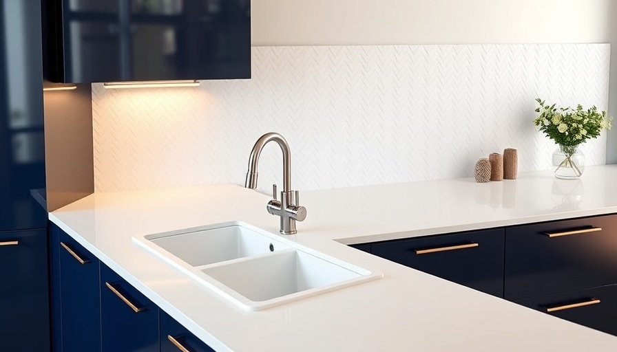 Modern kitchen design with navy cabinets and herringbone tiles.