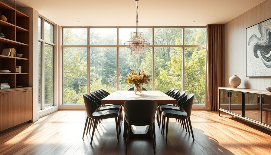 Modern dining room with large windows and wooden decor.