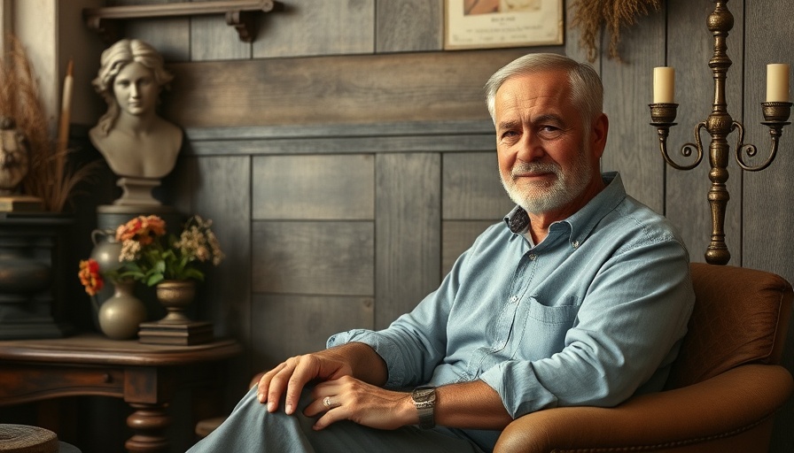 Middle-aged man in a quaint vintage sitting room with warm decor.