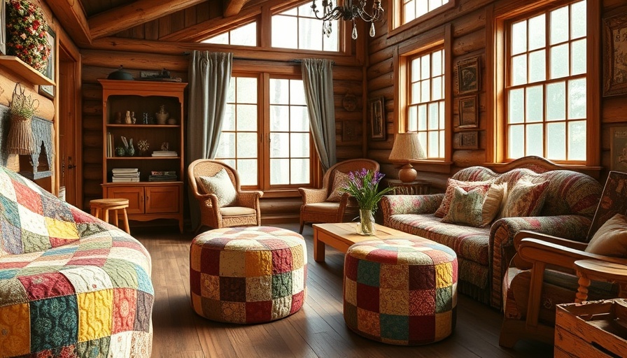 Charming folk art interior with colorful patchwork stools.