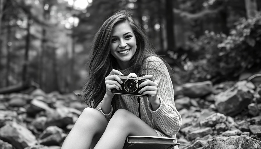 Black and white photo book featuring a young woman with a camera outdoors.