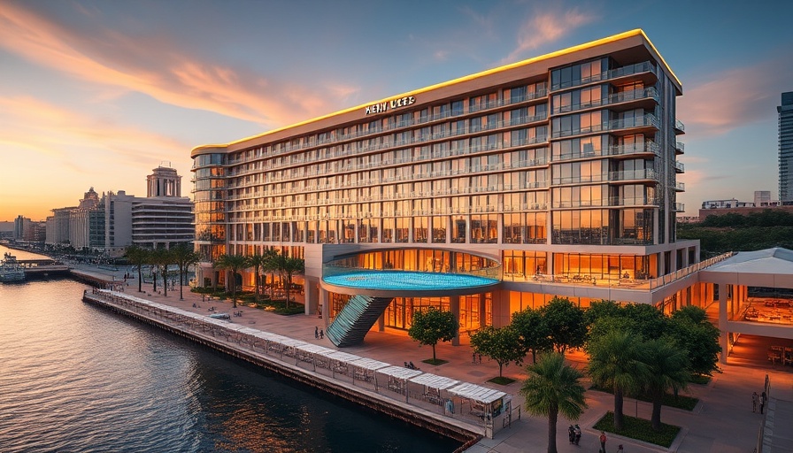 Modern hotel building with rooftop pool near waterfront, cinematic view.