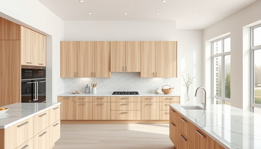 Modern kitchen with wooden cabinets and marble countertops showcasing cabinet height.