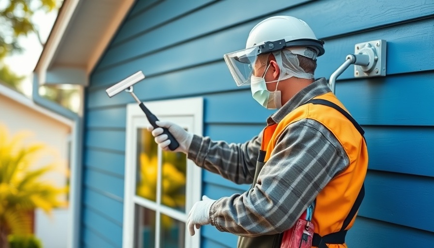 House painter protects home while painting blue exterior.