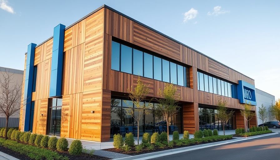 Modern commercial building with wooden and blue exterior, landscaping.