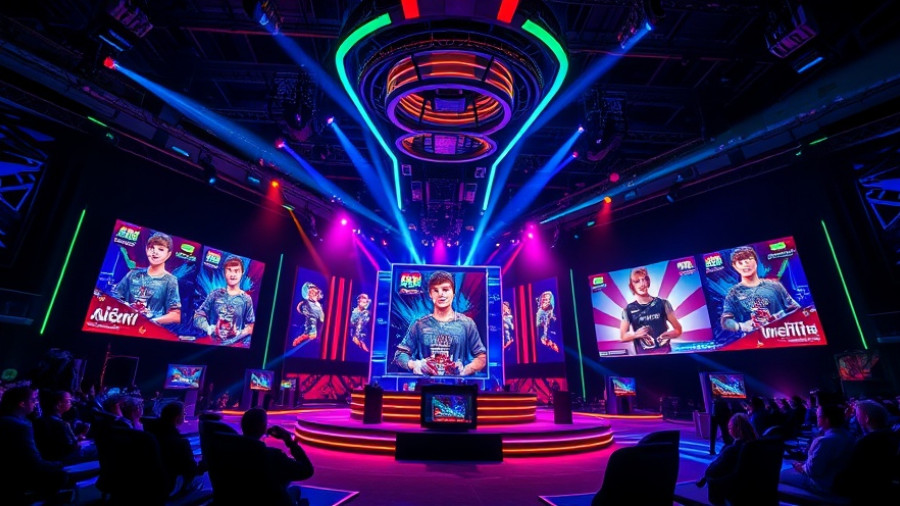 Vibrant gaming tournament stage with digital displays and neon lighting at TheHakEvent.