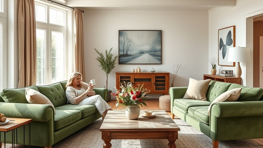 Farmhouse living room design idea with woman sipping coffee.