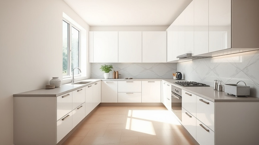 Modern kitchen design with white cabinets and gray countertops for kitchen remodeling.