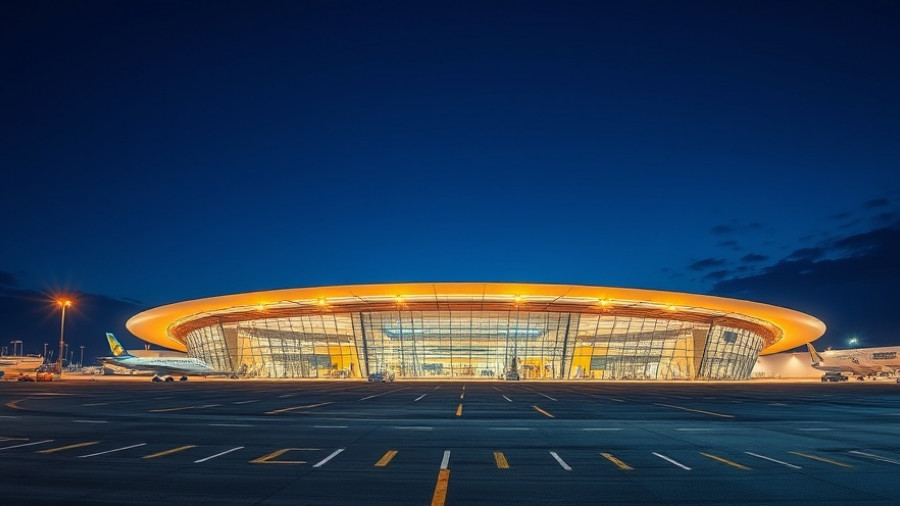 Modern Pittsburgh airport terminal glowing at dusk, showcasing renovation.