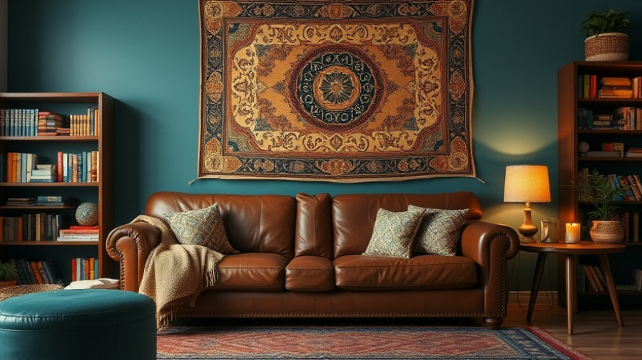 Cozy home decor with leather sofa and wall tapestry, home decor advice.