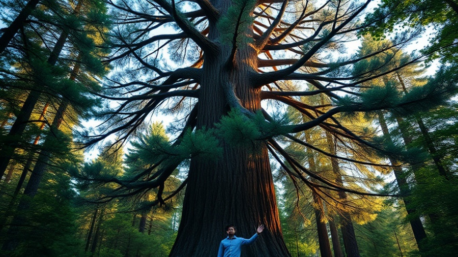 Tall pine tree with person waving beneath, pinecone home decor inspiration.