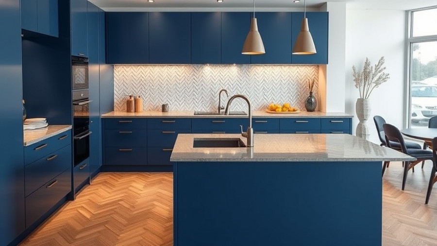 Modern kitchen design with blue cabinets and open concept