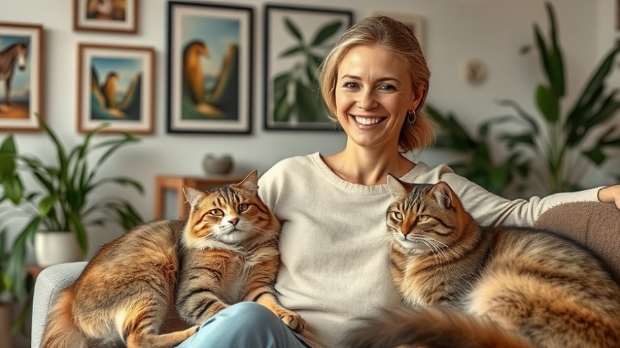 Woman with cats on sofa, art-filled cozy living room.