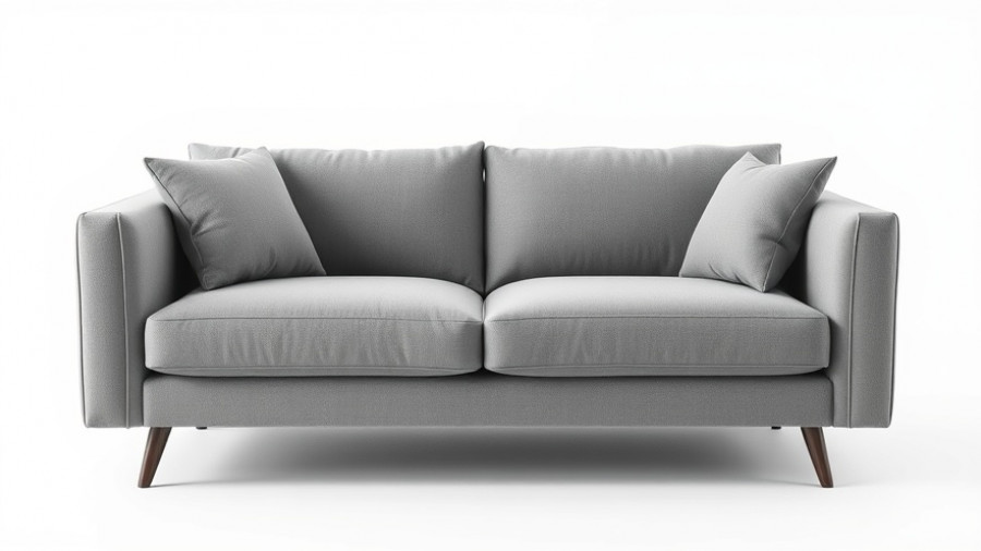 Modern minimalist grey sofa with cushions, ideal for apartments.