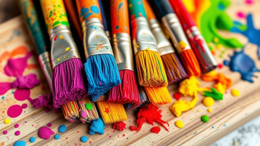 Colorful paintbrushes and palette, vibrant and textured.