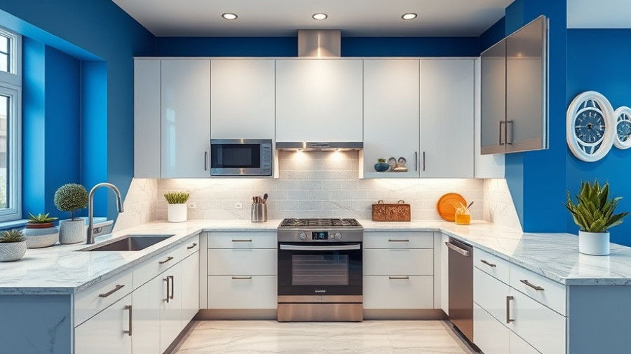 Contemporary kitchen remodeling showcasing bright blue walls and white cabinetry.