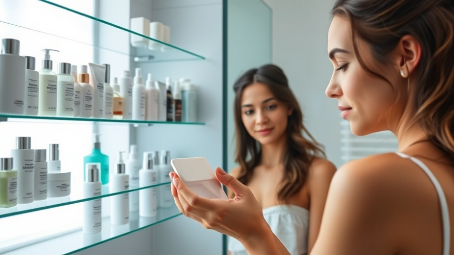 Woman examining skincare products in a modern bathroom, viral product reviews 2025.
