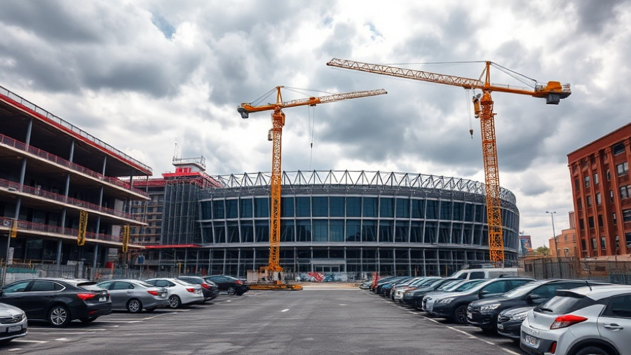 Philadelphia sports venue construction with crane and cars in the lot.
