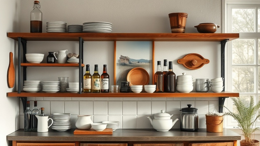 Rustic kitchen shelf with arranged crockery and bottles in minimalistic decor.
