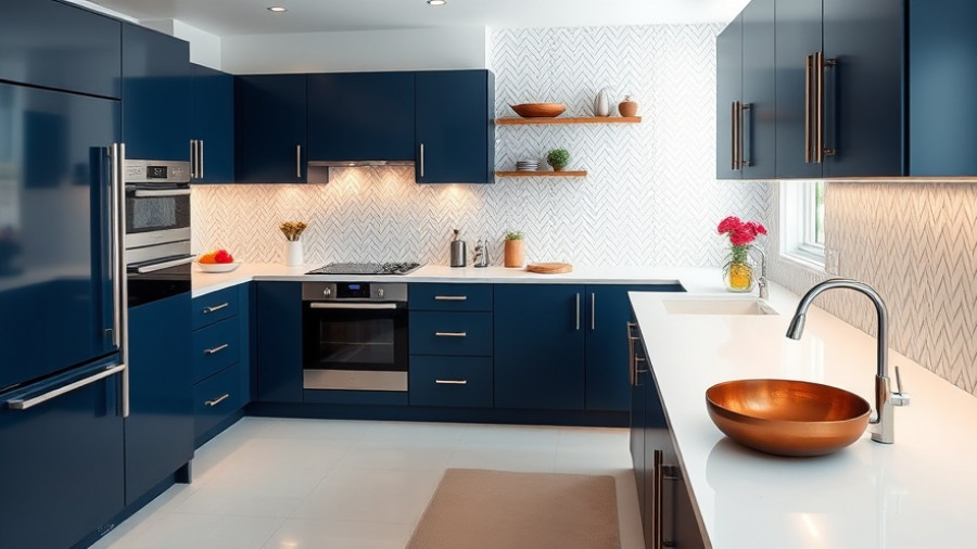 Modern kitchen with navy cabinets and herringbone backsplash in a kitchen remodeling concept.