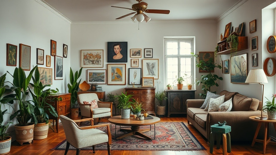 Chic living room with eclectic decor and vintage style items.