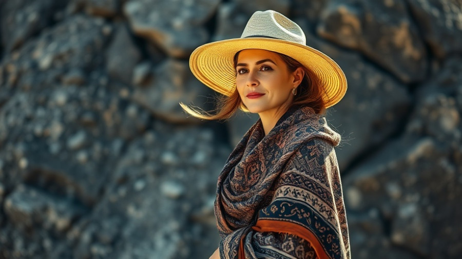 Stylish woman in rocks, showcasing a patterned shawl.