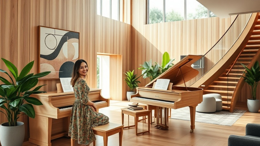 Contemporary river house game room design with piano and artwork.