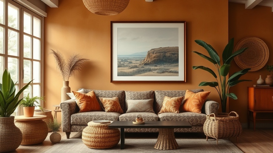 Stylish living room with vintage decor and earthy tones.