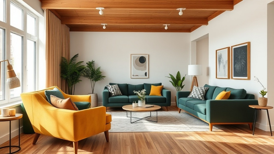 Stylish non-generic living room design with green sofas and mustard chairs.