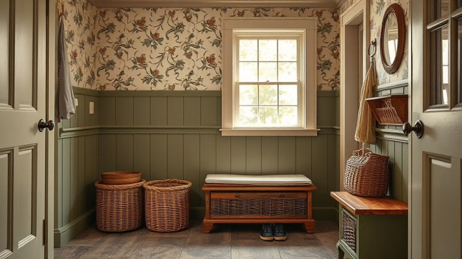 Stylish mudroom with olive green design and floral accents.