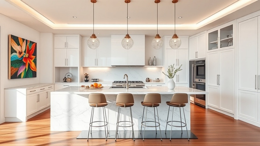 Modern kitchen remodeling with marble island and art decor.