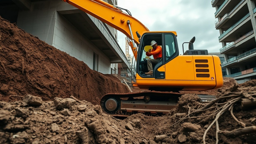 Construction of California high-speed rail with excavator and worker.