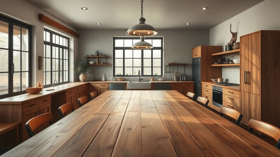 Rustic modern kitchen with wooden table, ambient lighting.