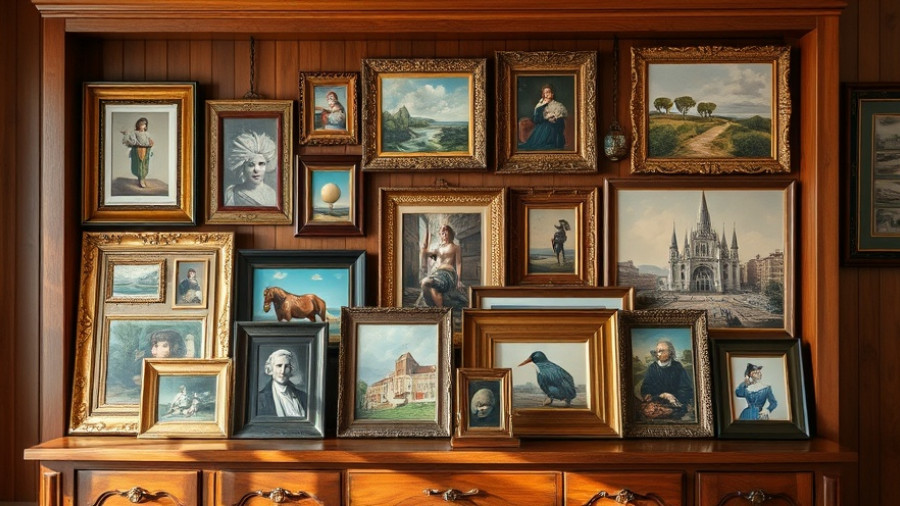 Eclectic art display with various framed paintings, Tramp Art Origin Story.